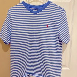 Polo Ralph Lauren. V neck striped shirt. Blue and white.